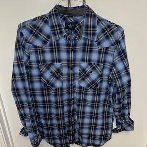 American Eagle Outfitters Blue and Black Plaid Button Down Shirt